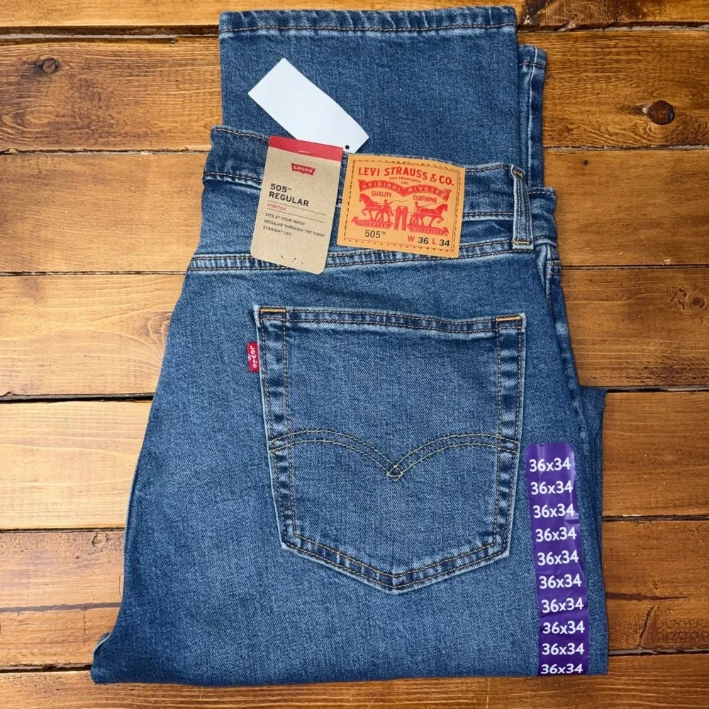 Levi's 505 Regular Fit Jeans Mens 36x34 Blue Stretch Straight Leg Workwear NEW